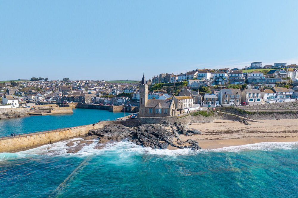 Porthleven pier and beach aerial