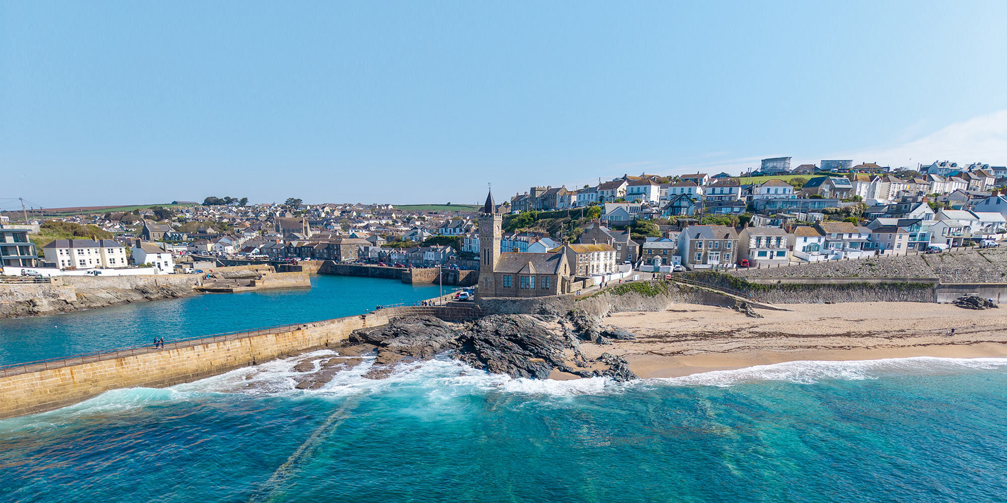 Porthleven pier and beach aerial