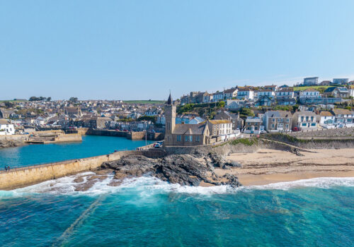 Porthleven pier and beach aerial