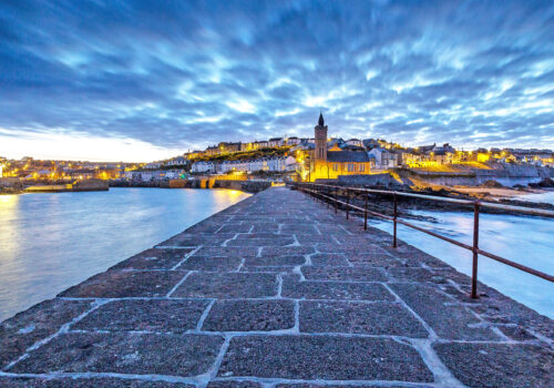 porthleven view from the pier at sunset