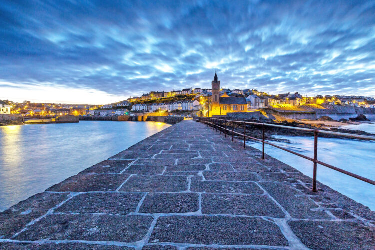 porthleven view from the pier at sunset